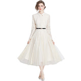 Spring And Summer New Lapl Collar Heavy Industry Hooks Hollow French Lace Dress Women Feel Large Knee Long Skirt 68HZ