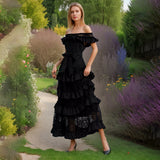 One-Word Shoulder-To-Shoulder-Backed T-Shirt Dress Woman 2025 Spring New Fashion Fashion Splicing Lace Waist Long Skirt 68HZ