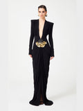 Exploding Black Long-Sleeved Hollow V-Neck Cross Dress Metal Fishtail Elegant Dress 68HZ