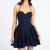Hottie Women's Clothing Pure Style Stripes Hanging Neck To Bare Back Dress Women's Small Women's High-End Small Skirt 68HZ