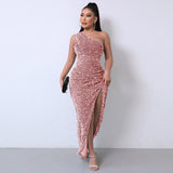 Direct Selling New Women's Clothing 2025 Spring Fashion Squin Single-Sleeve-Less Open-Fork Dress Solid Color 68HZ