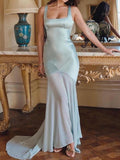 Women's Spring High-Fine Chiffin Spliced Sling Bagged For The Left-Buted Dress With Elegant Drag Long Skirt 68HZ