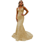 Lieling Ball Dress Body-Bagged Fishtail Small Tail Evening Dress Fine Shoulder-Band V-Neck Party Dress 68HZ