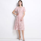 2025 Summer New Pink Diamond Pearl Collar Short-Sleeved Lace Dress Femininity Long Dress 68HZ