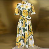 Yellow Rose Print Short Sleeve Single Buckle With Waist Cotton Dress Spring And Summer Women's New 2024 68HZ