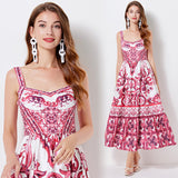 Summer French Retro Sling Dress Long Dress Temperament High Waistless Sleeveless Porcelain Print A Large Swing Dress 68HZ