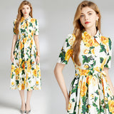 Short-Sleeved Print Dress 2025 Summer New Lapel Belt Repair Over Knee Skirt Yellow Dress 68HZ