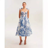 2024 French Super Fairy Holiday Sling Belt Sleeveless Waist-Free Blue Printed Dress Body-Drag Skirt 68HZ