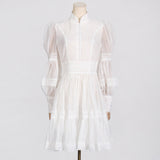 French Retro High-End Short Dress 2025 Summer New Fashion Collar Lantern Sleeve Mesh Waist Dress Dress Woman 68HZ