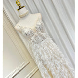 Small-Set Temperament V-Neck Net Yarn With Chest Cushion Ostrich Feather Beaded Flowers High Fork Thairy Long Skirt 68HZ