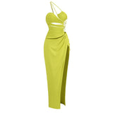 Sexy Bare Back Slim Dress Dress Dress High Quality Dress Women's Slings Showing Thin High Open Fork 68HZ