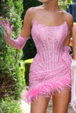 High-End Women's Sexy Lace Perspective Spliced Feather Girded Boobs Elegant Temperament Dress Dress 68HZ
