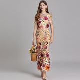 Temperament Court Style Heavy Industry Three-Dimensional Flower Net Embroidery Bagted Hip Dress French Fishtail Dress Woman 68HZ