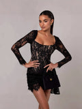 Long-Sleeved Sexy Lace Fish Bone Girded Waist Dress Autumn And Winter New Short Dress 68HZ