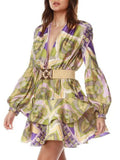 Bohemian Wind Print Lotus Leaf-Side Dress 2025 Summer New V-Neck Lantern Sleeves To Close The Waist Thin Skirt Woman 68HZ