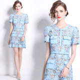 French Niche Temperament Light Blue Collar Lace Dress Water Drill Single Buckle Waist Skirt Woman 68HZ