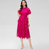 Round Collar Short-Sleeved Heavyweight Hook Flower Stacked Lotus Leaf Lace Blue Dress Women's New Spring And Summer 2025 68HZ