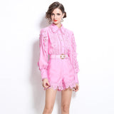 French Famous Yangyang Age-Reduce Women Senior Feel Waist Lace With Lantern Lace Spliced Shirt + High-Waisted Shorts 68HZ