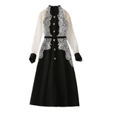 Vintage Feng Shui Soluble Flower Splicing Nails Button Long-Sleeved Black Dress Women's New Spring 2025 68HZ