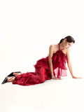 High-End Women's Sexy Lotus Leaf Side Strap Hanging Neck Dress Flower Decorative Perspective Skirt Dress Dress 68HZ