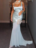 Women's Spring High-Fine Chiffin Spliced Sling Bagged For The Left-Buted Dress With Elegant Drag Long Skirt 68HZ