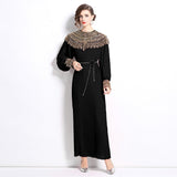2025 Senior Sense Of The Famous Fan Heavy Industry Nail Bead Dress Temperament Sister Fan Lantern Sleeves Loose Long Skirt 68HZ