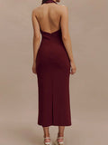 Sexy Dress Women's Sexy Bare Back V-Neck Suit Medium Long Dress Tight-Fitched And Forked Hanging Neck Dress 68HZ