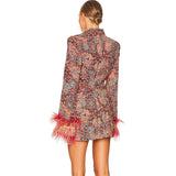 New High-End Women's V-Neck Broken Floral Dress Cuffed Feathers Elegant Dress Coat 68HZ