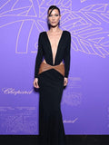 High-End Women's New Sexy Deep V Bareback Splicing Bag Long-Sleeved Dress High-End Temperament Dress 68HZ