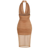 New New Sexy Hanging Neck Dress Body High-End Mesh Micro-Perspective Folding Dress Long 68HZ