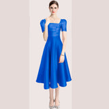 French Hepburn Style Temperament Pure Color Folds To The Waist Slim Hem Solid Color Dress Dress Summer 68HZ