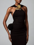 Famous Wind Hanging Neck Dress Dress 2025 New Niche Metal Buckle Decoration Slimming Long Dress Woman 68HZ