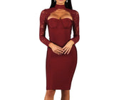 Sexy Hanging Neck Lace Dress Wish Burst Banquet Bandage Dress Autumn And Winter Long Sleeves 68HZ