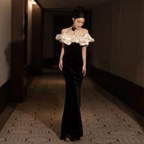 Evening Dress Women Black Shoulder Temperament High-End Fishtail High-Level Adult Banquet Dress Light Luxury Niche 68HZ