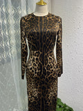Leopard Print Long-Sleeved Silk-Covered Ass Skinny Sexy Open-Fork Pencil Dress Autumn Women's Dress New 2025 68HZ