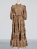 Temperament Literary Style Embroidery Design Solid Color Dress 2025 New Lantern Sleeve Strap To Collect Waist Long Dress Dress Woman 68HZ
