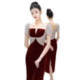 Toasting 2024 New Bride Wedding Red Velvet High Sense Light Small High-End Fish Tail Evening Dress Dress 68HZ