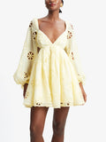 Sexy Deep V-Neck Bubble Sleeves Solid Dress 2025 New Fashion Hollow Back Design Short Dress Woman 68HZ