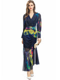 Sexy V-Neck Long-Sleeved Elegant Print Irregular Fishtail Dress Dress Women's Autumn New 2025 68HZ