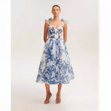 2024 French Super Fairy Holiday Sling Belt Sleeveless Waist-Free Blue Printed Dress Body-Drag Skirt 68HZ