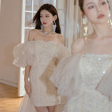 Evening Dress 2024 New Pompous Fine Shiny Dress Heavy Industry Bubble Sleeve Birthday Dress Adult Dress 68HZ