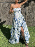 French Beautiful Dress 2025 Spring New Fashion Print Folding Bras Slimming Thin Open Fork Dress Women's Trend 68HZ