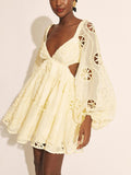 Sexy Deep V-Neck Bubble Sleeves Solid Dress 2025 New Fashion Hollow Back Design Short Dress Woman 68HZ