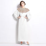 2025 Senior Sense Of The Famous Fan Heavy Industry Nail Bead Dress Temperament Sister Fan Lantern Sleeves Loose Long Skirt 68HZ