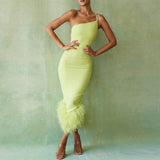 Women's Green French Sling Dress Women's Ostrich Hair Splicing Temperament High-End Thin Sling Skirt 68HZ