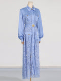 Spring 2025 New Women's Fashion Flip Lantern Long Sleeve Single Buckle Belt Lace Long Temperament Dress Woman 68HZ