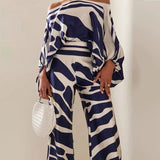 Fashion Commuting Two Sets Of 2025 New One-Word Shoulder Clothing + High-Waisted Broad Leggings Printed Set 68HZ