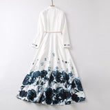 V-Neck Long Sleeve Rendering Printed White Long Dress + Belt Women's New 2025 68HZ