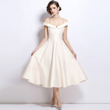 French Temperament Gold And White Shoulder Sling Dress Female Senior Feeling Princess Waist Dress 68HZ