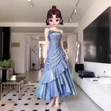 Evening Dress New French Masquein Blue Hanging Dress Female Summer At-Aug Princess Birthday Dress 68HZ